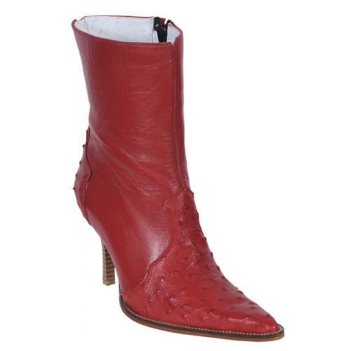 Los Altos Ladies Red Genuine Ostrich Short Top Boots With Zipper 360312